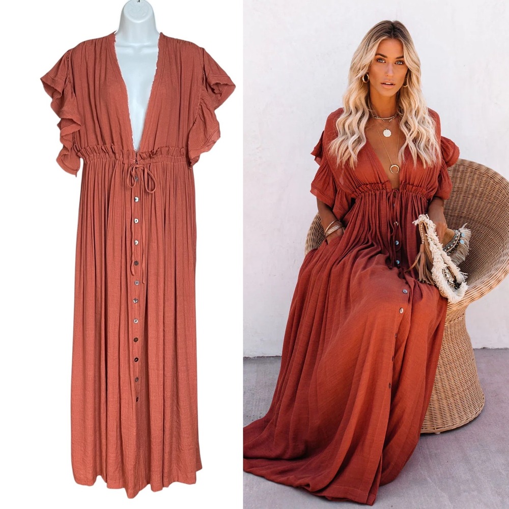 Flawless Maxi Dress Plunging V-Neck Ruffle Sleeve Boho Women Large Rust Brown
